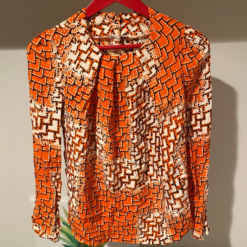 Vintage Chic Silk Orange Pleated Neckline Blouse